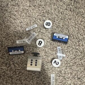 Random croc charms - cassette tape dice and numbers 2 and 8